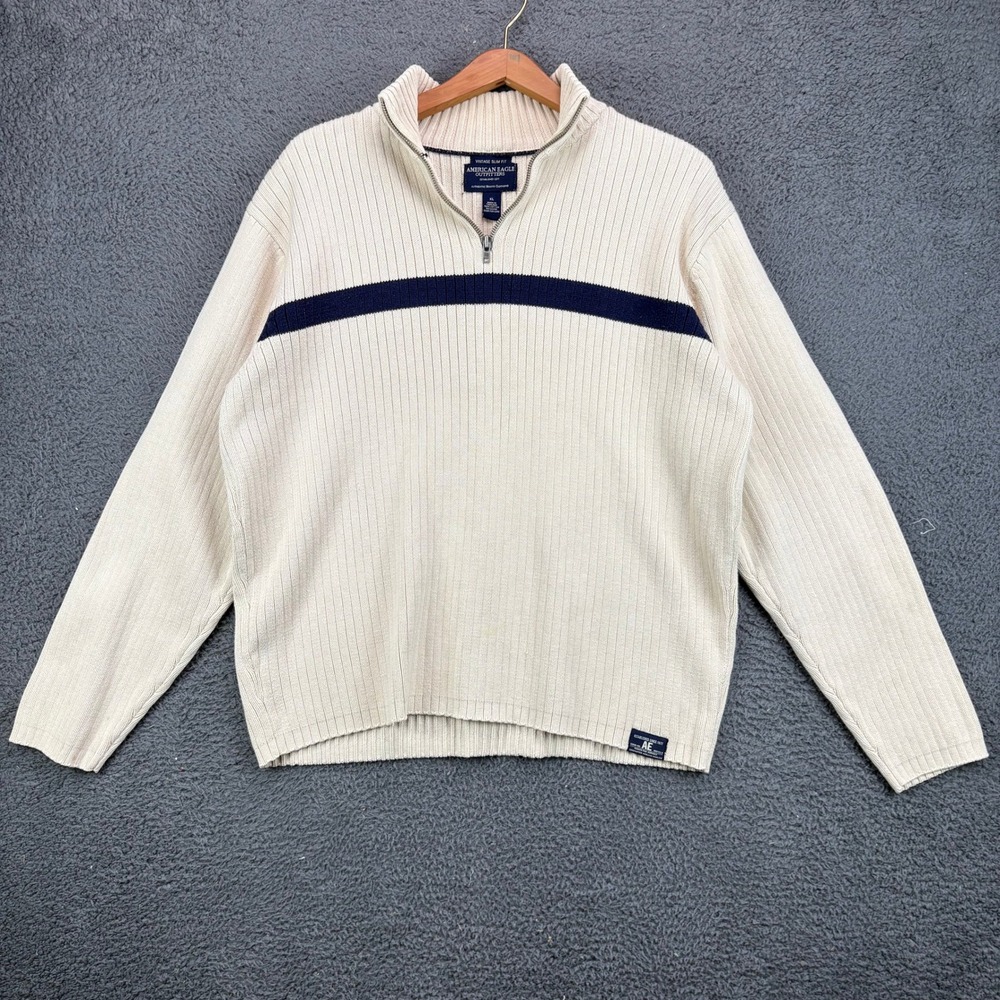 American‎ Eagle Mens XL Quarter Zip Sweater Cream Navy Stripe Ribbed Cotton 9861